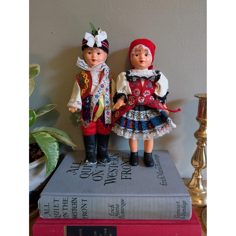 Vintage Czech Folk Souvenir Dolls Pair Traditional Costume Lace 8 Inch